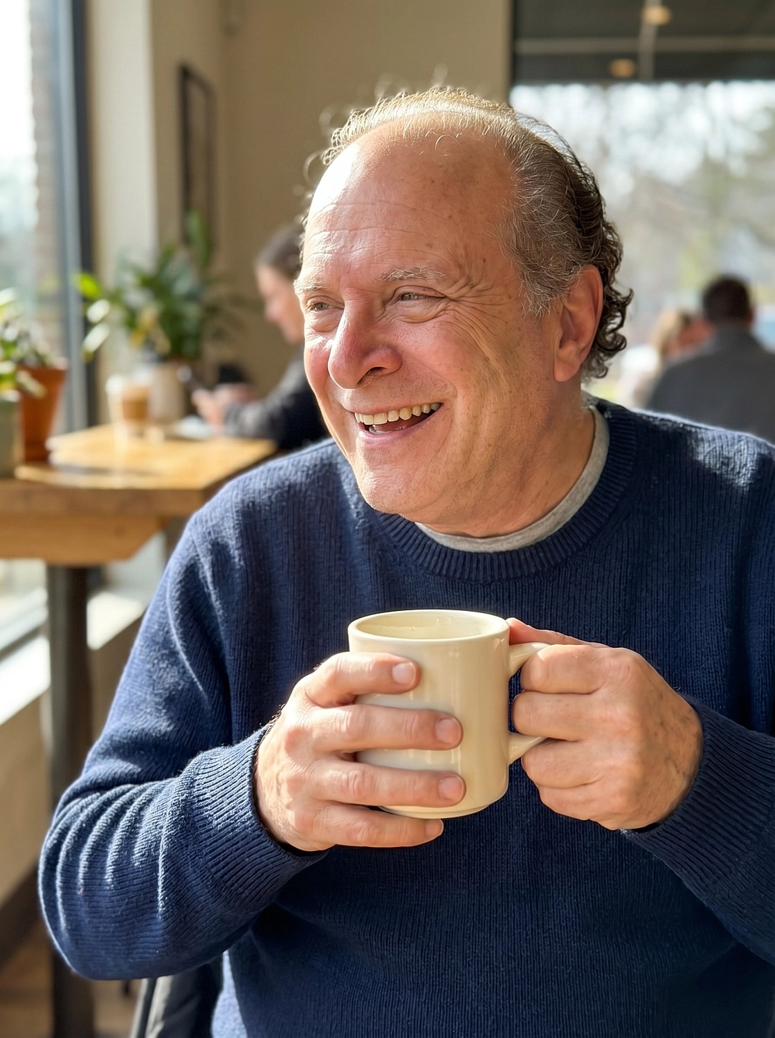 Smiling man holding a cup of coffee.