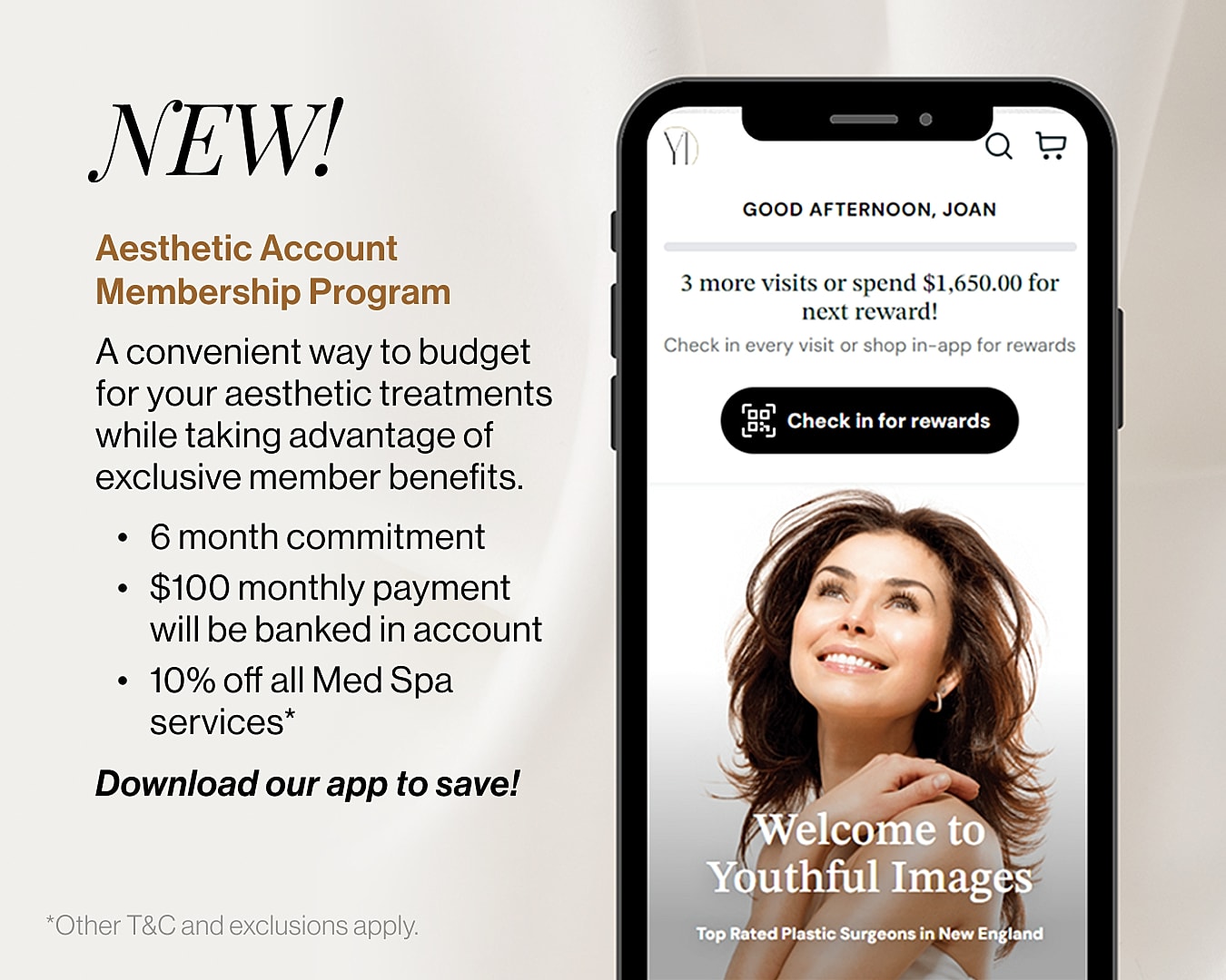 Aesthetic membership program benefits and app information.